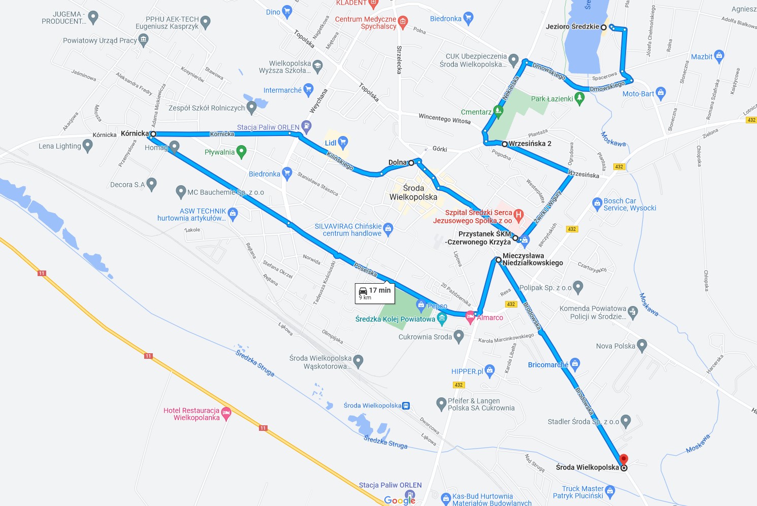 Mapka przejazdu motocyklistów - Etyliniarze - motocykliści ziemi średzkiej - Środa Wielkopolska